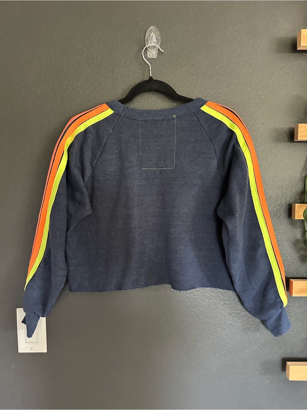 Aviator Nation Bolt Cropped Classic Crewneck Heather Navy Neon Rainbow Stripe - Picture 8 of 8